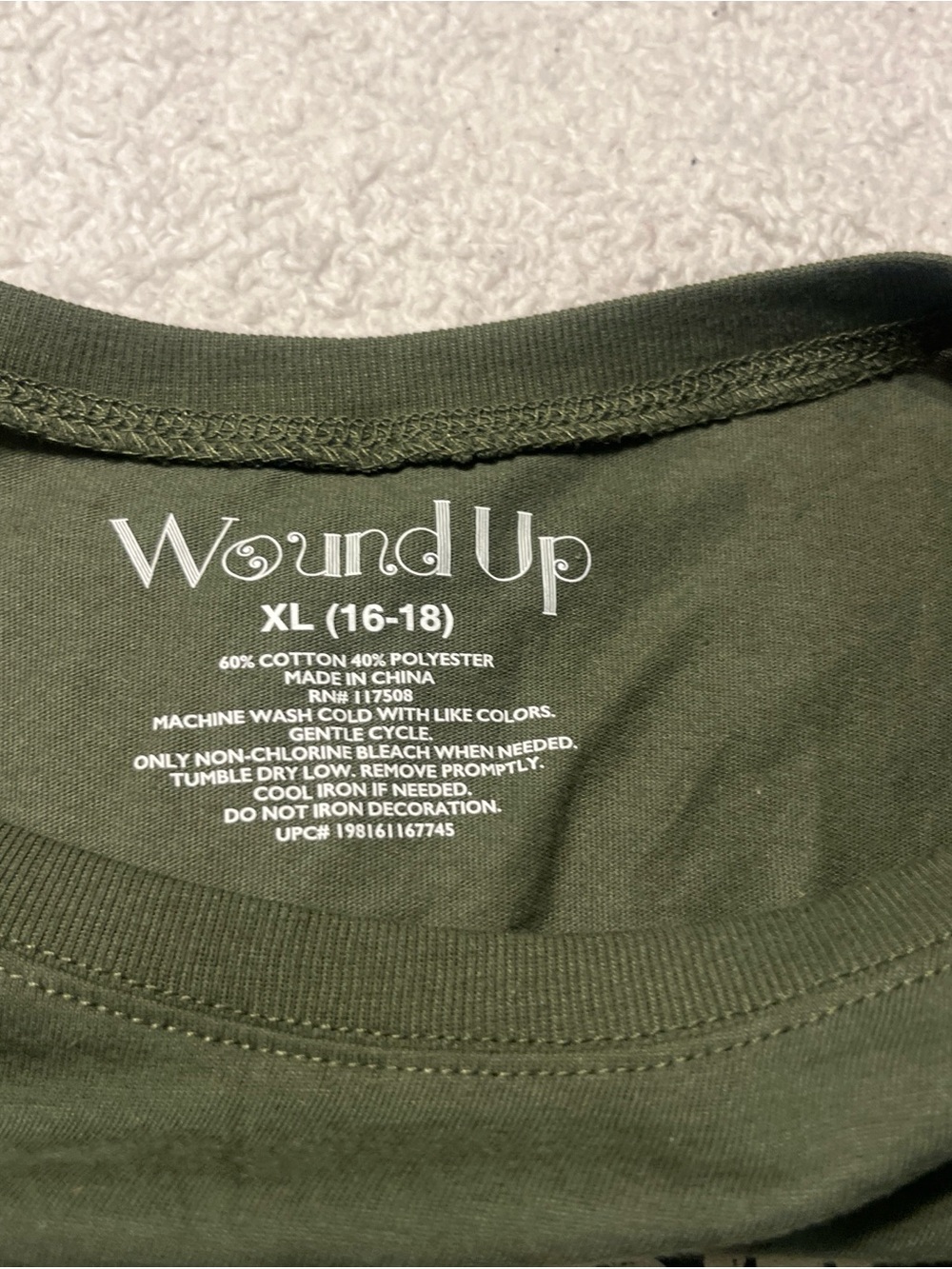 Wound Up Olive Green Graphic Tee with Cream Text - Picture 4 of 4